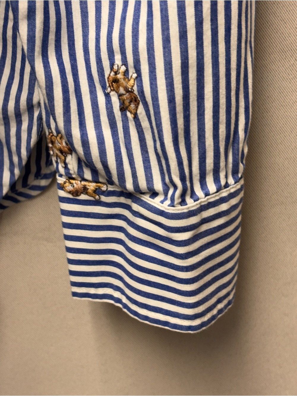 Loft 100% Cotton Button Down Shirt Blue/White stripes embroidered Puppies Large - Picture 6 of 9